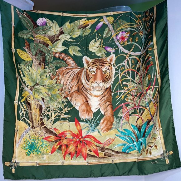 Gucci Accessories - Gucci Scarf Bamboo Tiger Women 100% Silk Green EUC
